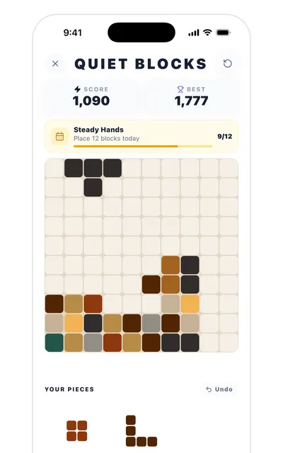 Quiet Blocks screen: Undo and themes